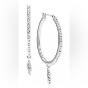 INC pave silver tone with pave charm hoop earrings large NWT